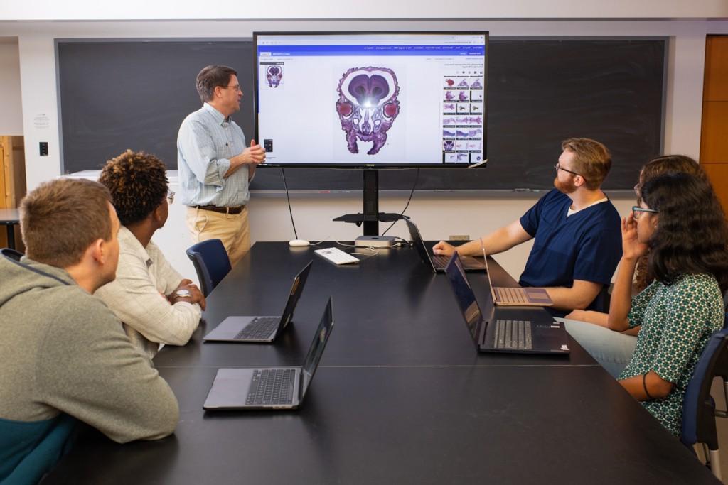 An anatomy professor standing in front of a classroom with four students stands in front of a screen with anatomical images