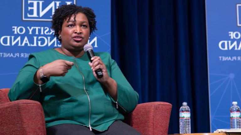 Stacey Abrams speaks at the 2020 Martin Luther King lecture on the Portland Campus