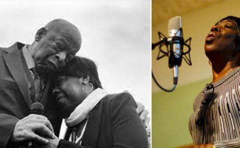 A composite of two images featuring, at left, Bettie Mae Fikes singing into a microphone and, at right, a black and white image of her embracing Martin Luther King Jr.